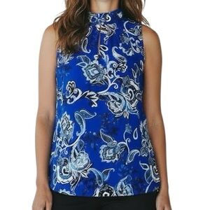 NWT WHITE HOUSE BLACK MARKET Blue Paisley Back Tie Sleeveless Blouse Size Small